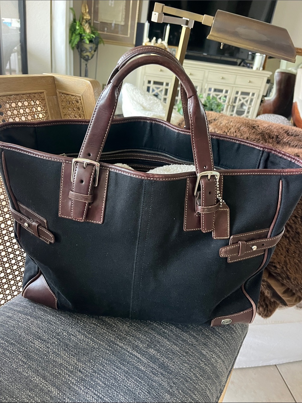 Vintage authentic coach, weekender black canvas bag with brown leather tote